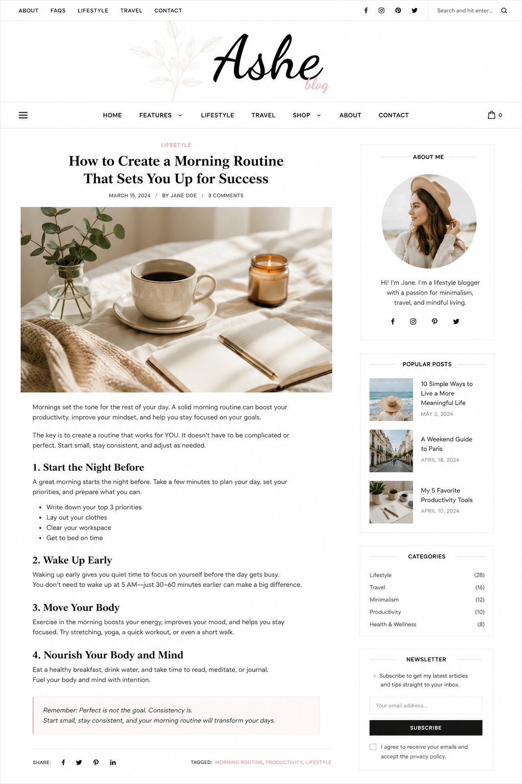 Ashe Minimalist morning routine blog layout