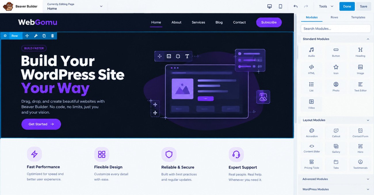 Best Free Alternatives to Elementor Pro (2026) 5 Beaver Builder screenshot Show the visual canvas since this is the main reason someone would choose it over block based tools