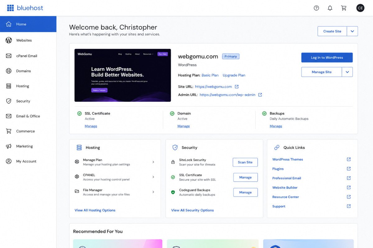 Bluehost Review 2026: Honest Pros, Cons & Verdict 1 Bluehost Hosting Dashboard Overview