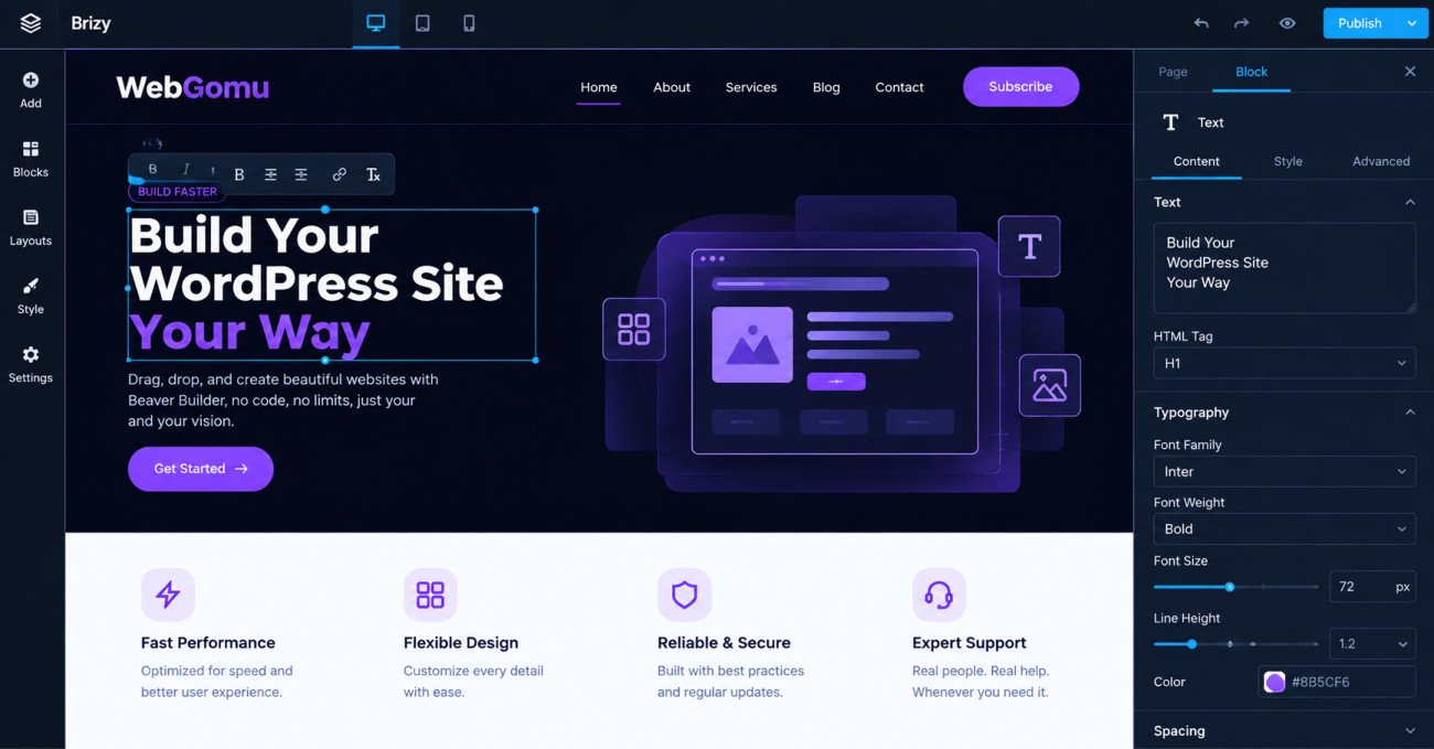 Best Free Alternatives to Elementor Pro (2026) 6 Brizy screenshot Show the inline editing experience which is central to the Elementor comparison