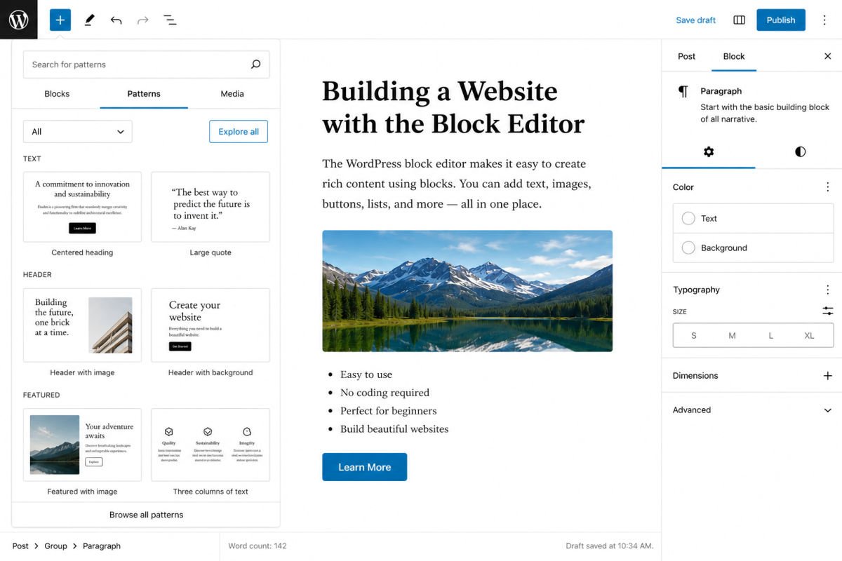 Gutenberg Block Editor Tutorial for Beginners 4 Building a Website with the Block Editor Patterns