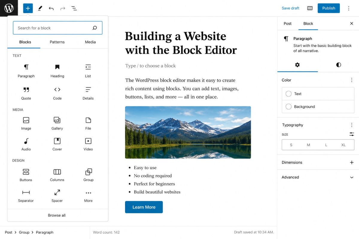 Gutenberg Block Editor Tutorial for Beginners 3 Building a Website with the Block Editor Search for a Block