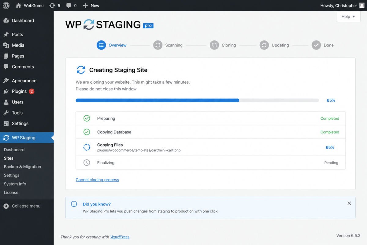 How to Set Up a Staging Site in WordPress (2026) 3 Cloning progress in WP Staging