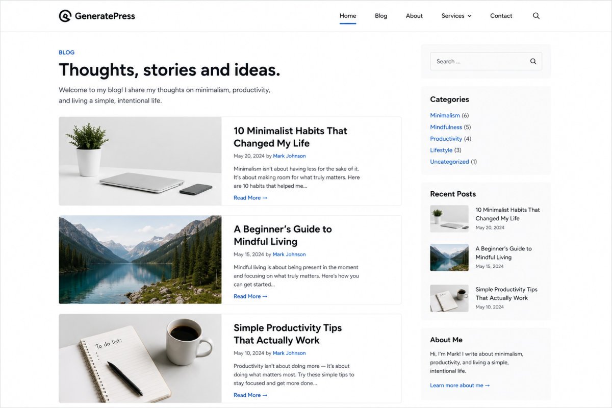GeneratePress Minimalist WordPress blog homepage design