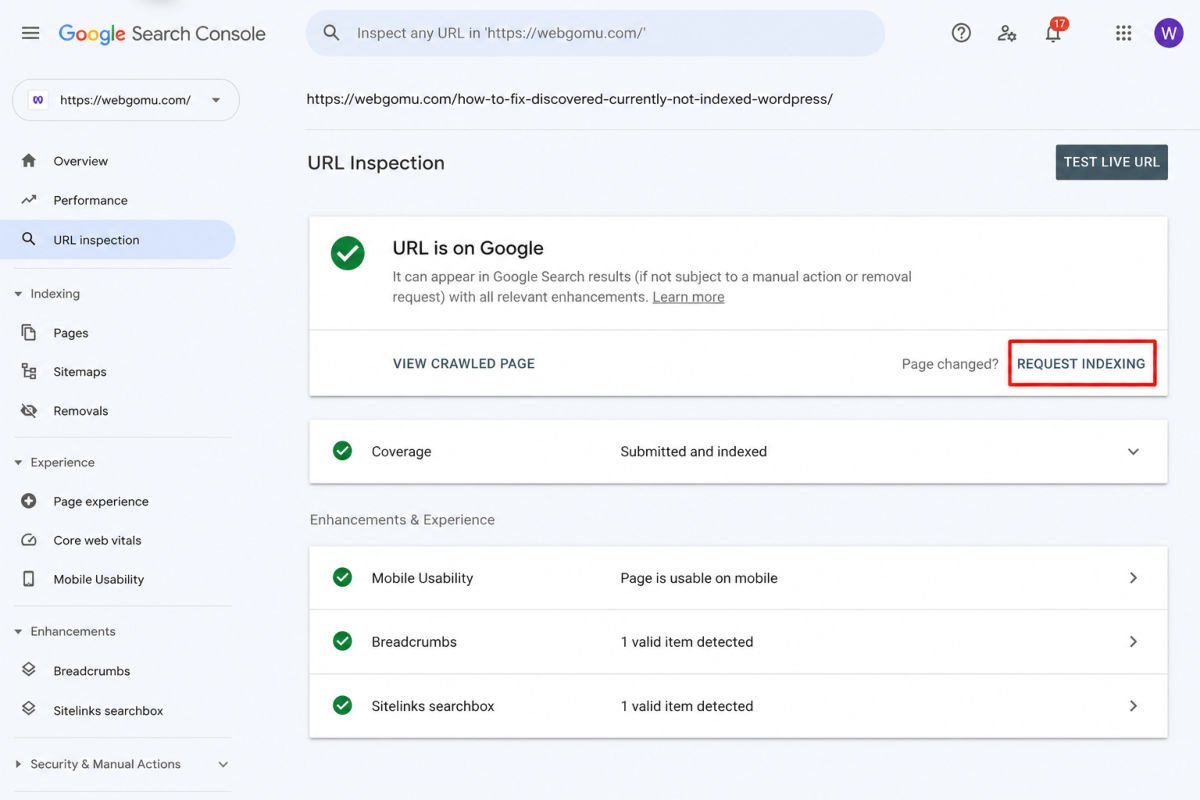 Google Search Console URL inspection dashboard