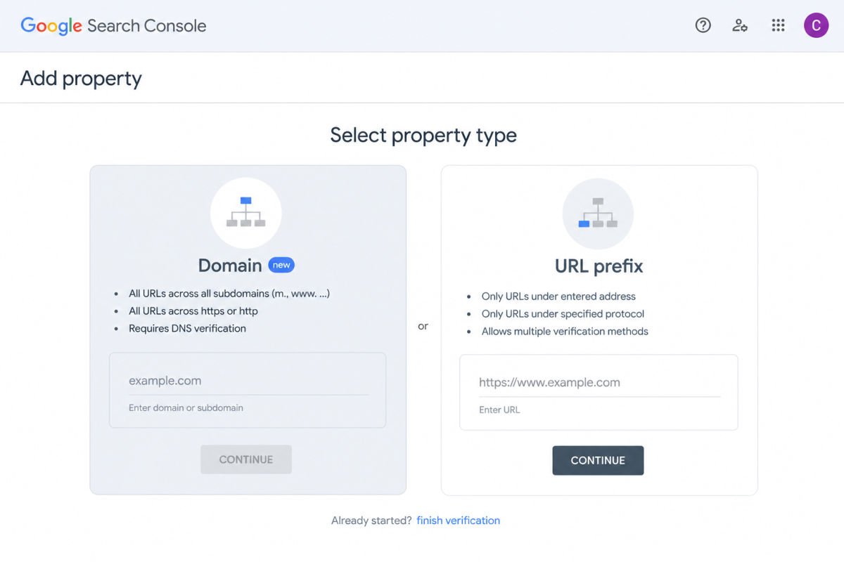 Google Search Console add property screen