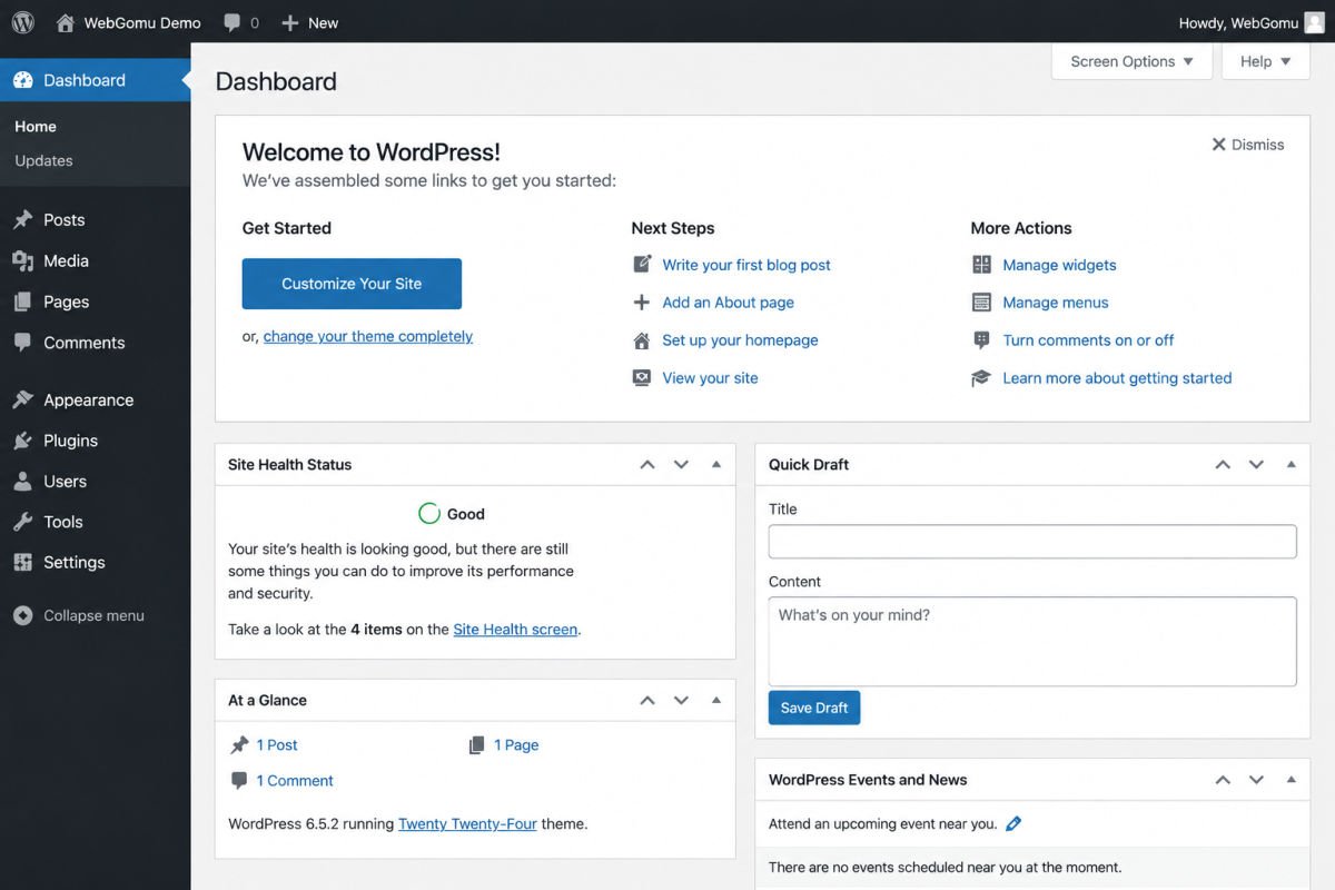 WordPress Dashboard Tour: A Beginner's Guide 4 Home quick action banner and widgets