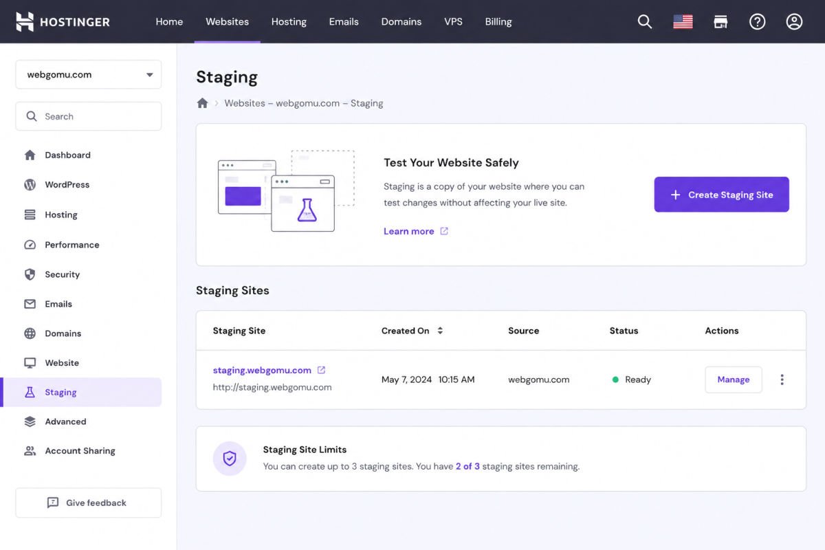 How to Set Up a Staging Site in WordPress (2026) 2 Hostinger hPanel Staging Dashboard