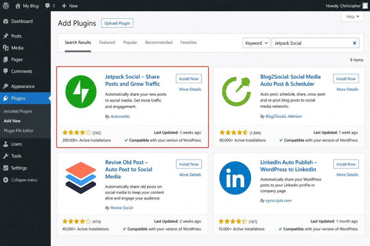 How to Automate Social Media Posting from WordPress (2026) 2 Jetpack Social Plugin Search Dashboard