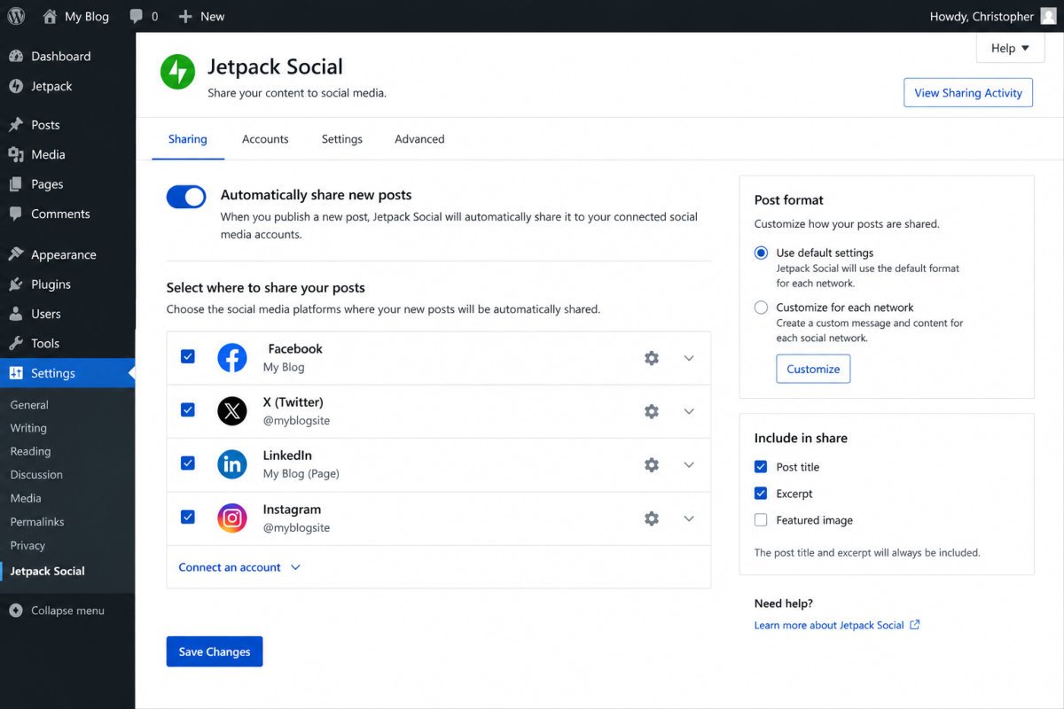 How to Automate Social Media Posting from WordPress (2026) 3 Jetpack Social Settings Dashboard