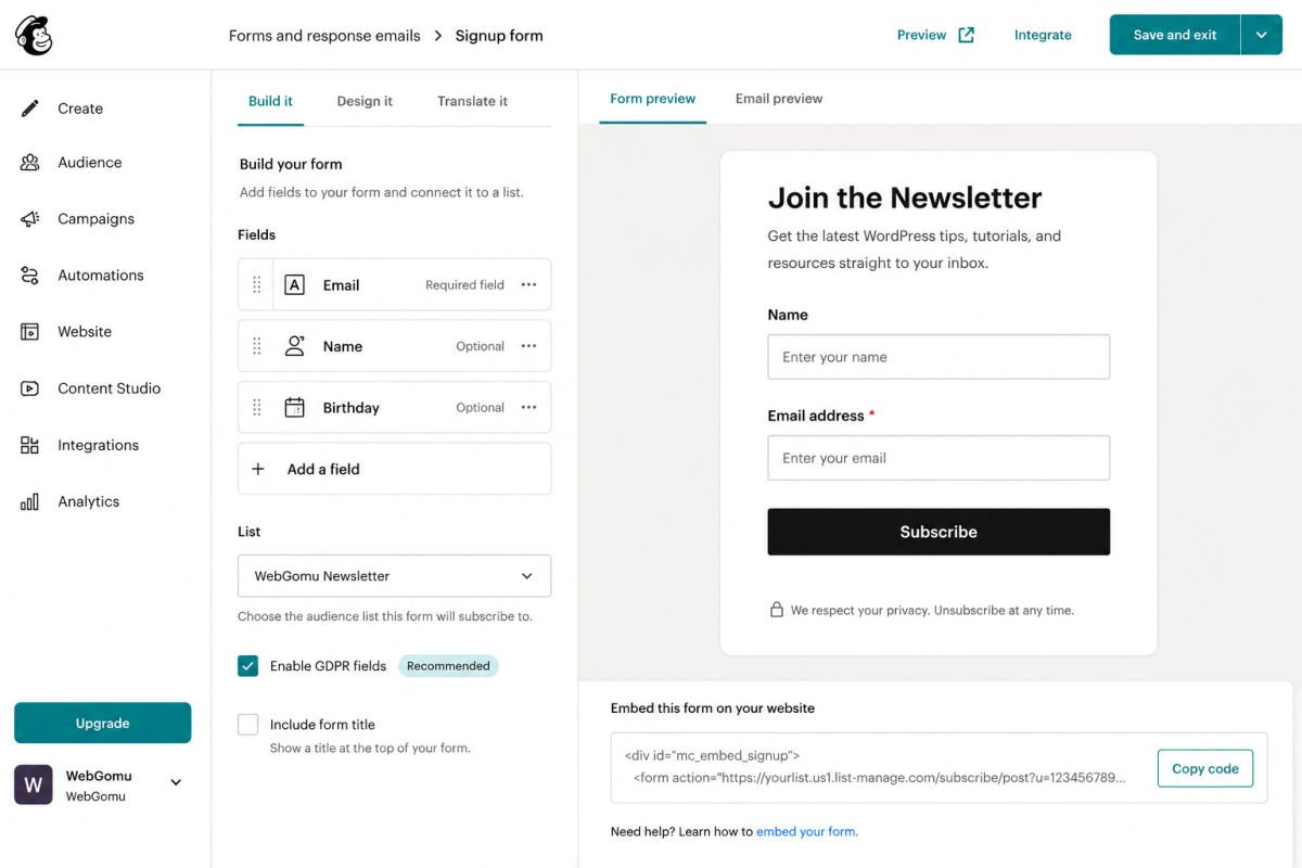 How to Build an Email List: A Beginner's Guide to Mailchimp/MailerLite 2 Mailchimp signup form builder dashboard