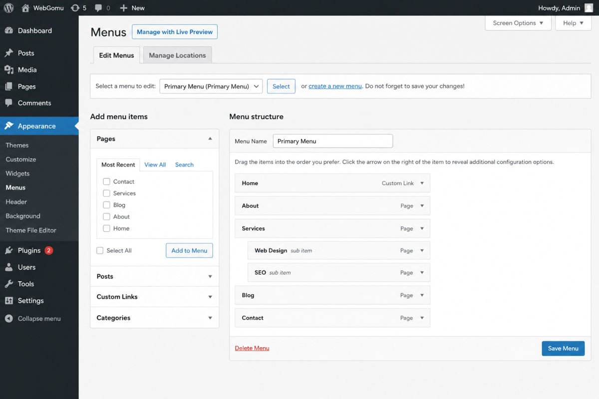 How to Set Up Menus and Navigation in WordPress (2026) 3 Menus screen with pages added to the right panel and a dropdown item nested underneath a parent