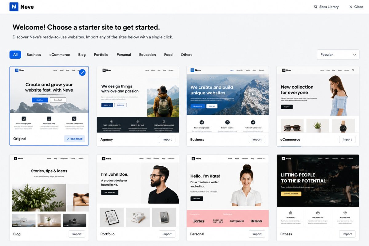 Neve theme starter sites selection screen