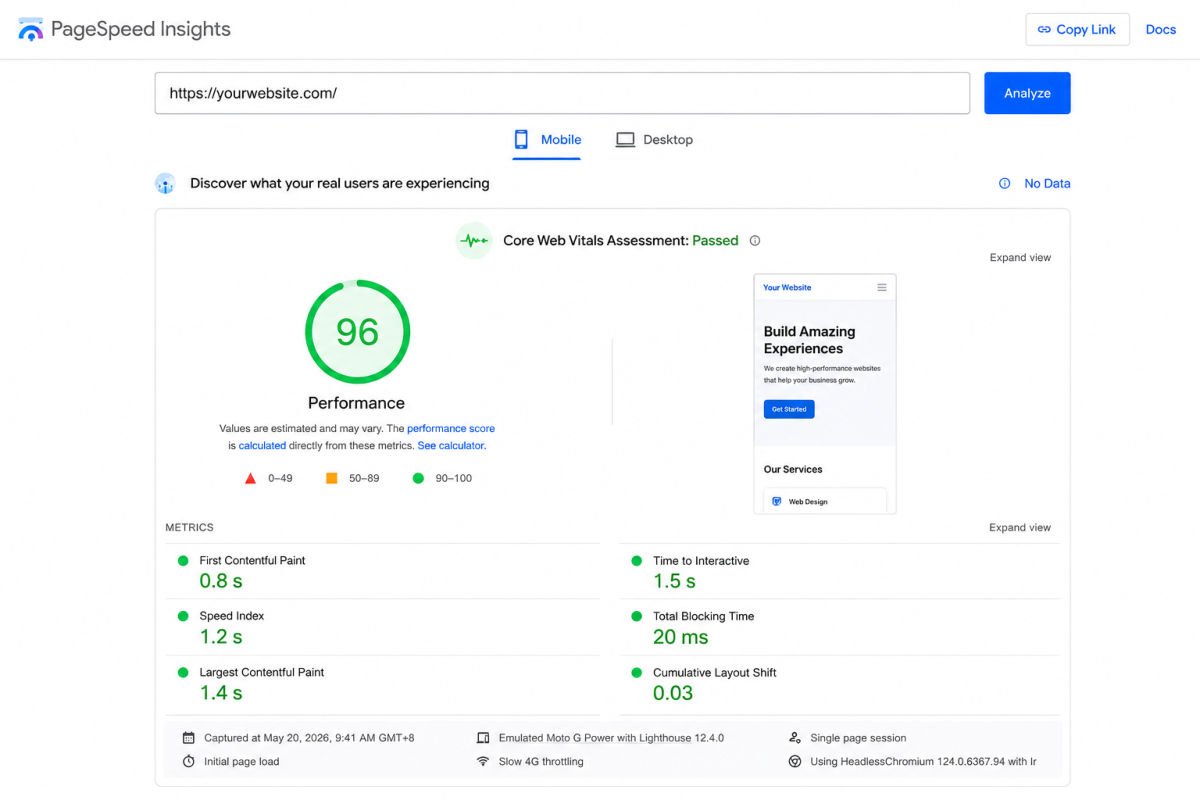 How to Speed Up a Slow WordPress Website (2026 Guide) 2 PageSpeed Insights performance audit overview