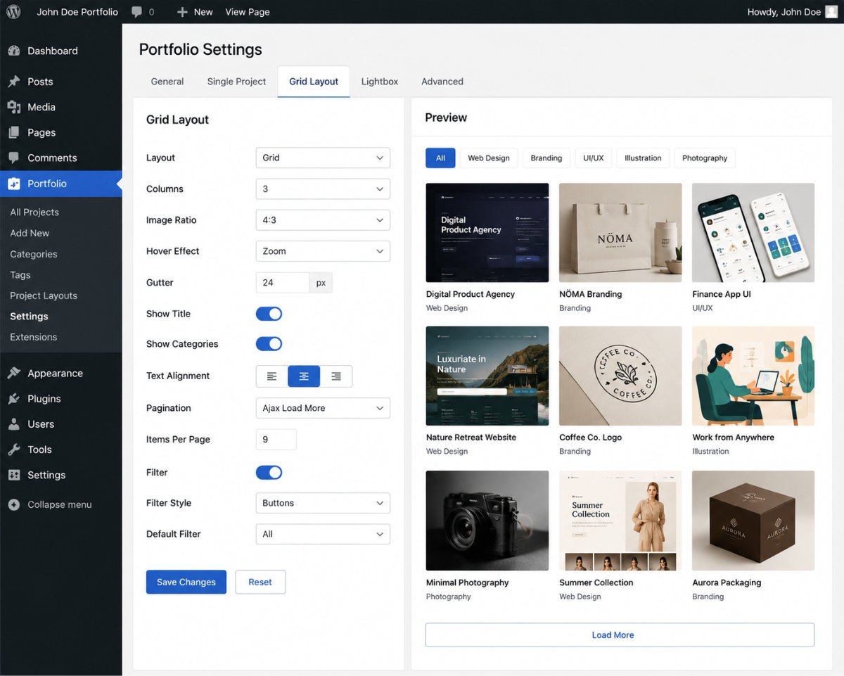 How to Build a Professional Portfolio Website on WordPress 2 Portfolio settings in WordPress dashboard