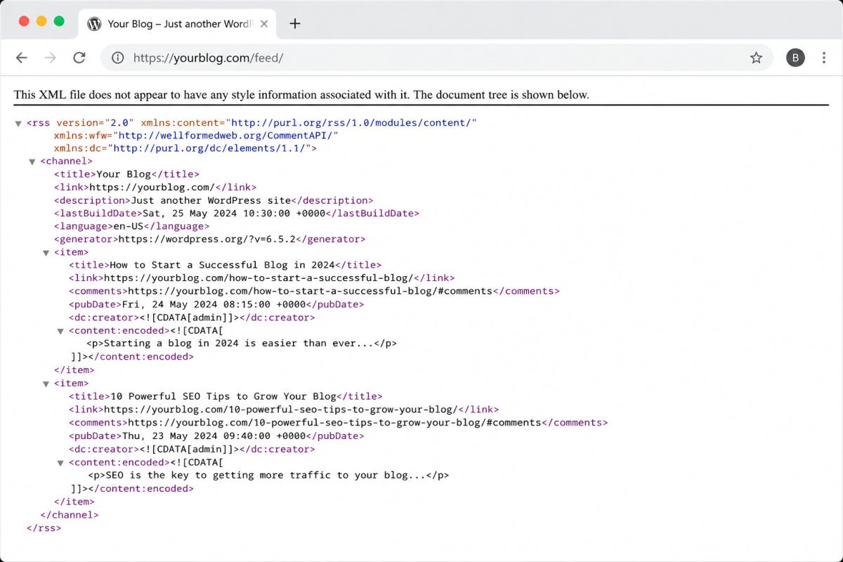 How to Automate Email Newsletters from Your Blog (2026) 2 RSS feed displayed in browser window