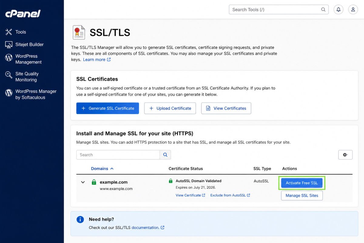 How to Install an SSL Certificate on WordPress (2026 Guide) 2 SSL TLS management dashboard screenshot