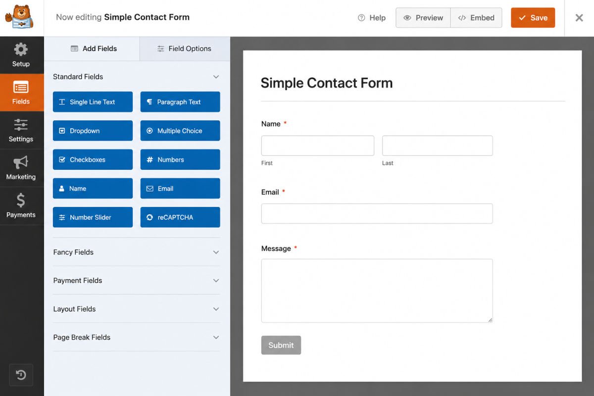 Simple contact form builder interface