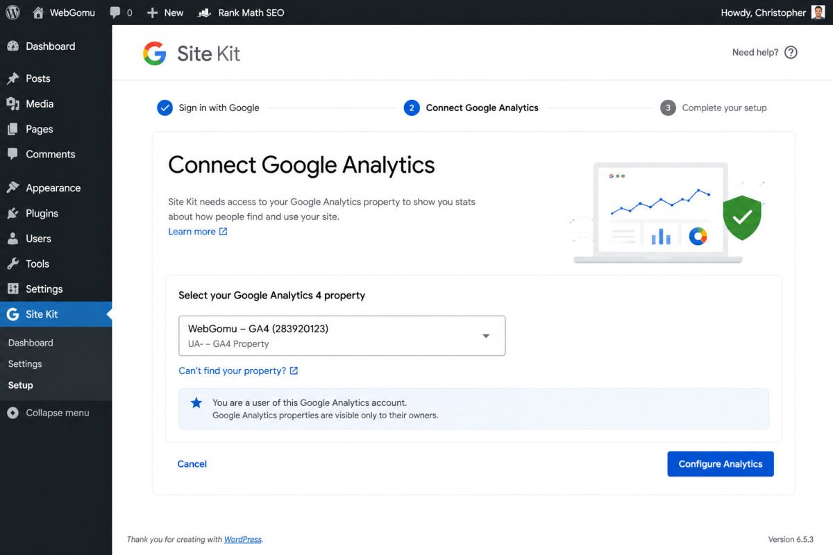 Site Kit setup in WordPress dashboard