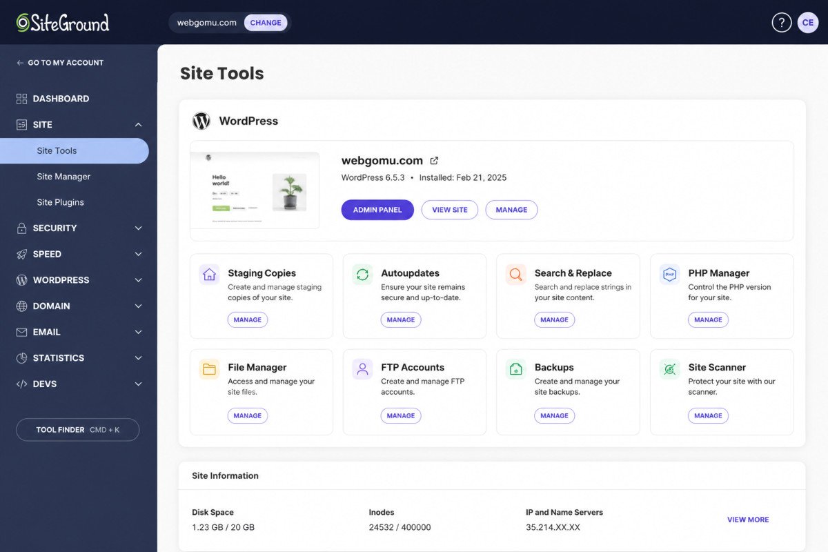 SiteGround Review 2026: Is the Renewal Price Worth It? 1 Site Tools WordPress Dashboard
