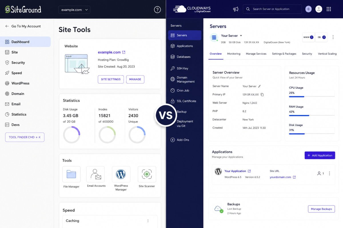 SiteGround vs Cloudways dashboard comparison
