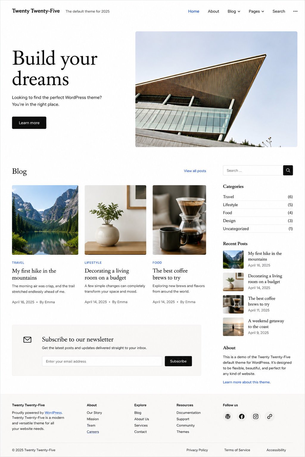 Twenty Twenty Five Minimal WordPress theme homepage demo
