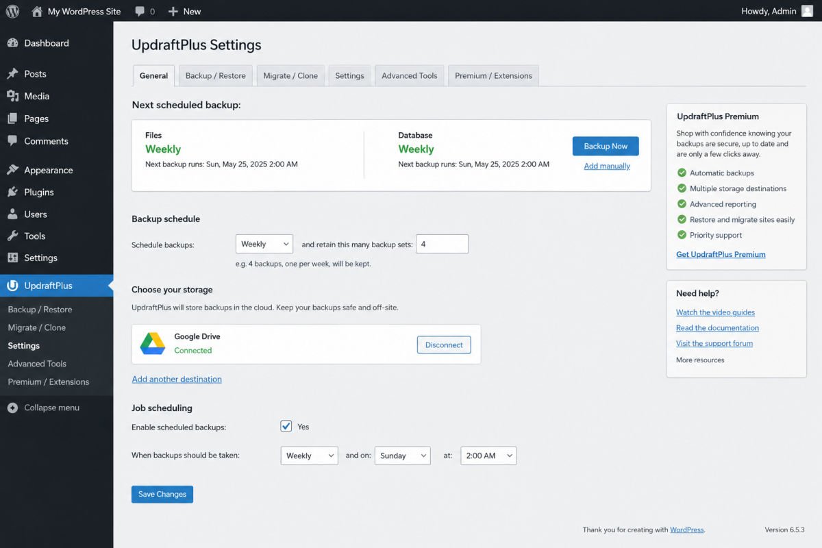 UpdraftPlus plugin settings in WordPress