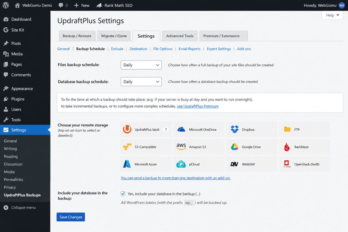 UpdraftPlus settings in WordPress dashboard