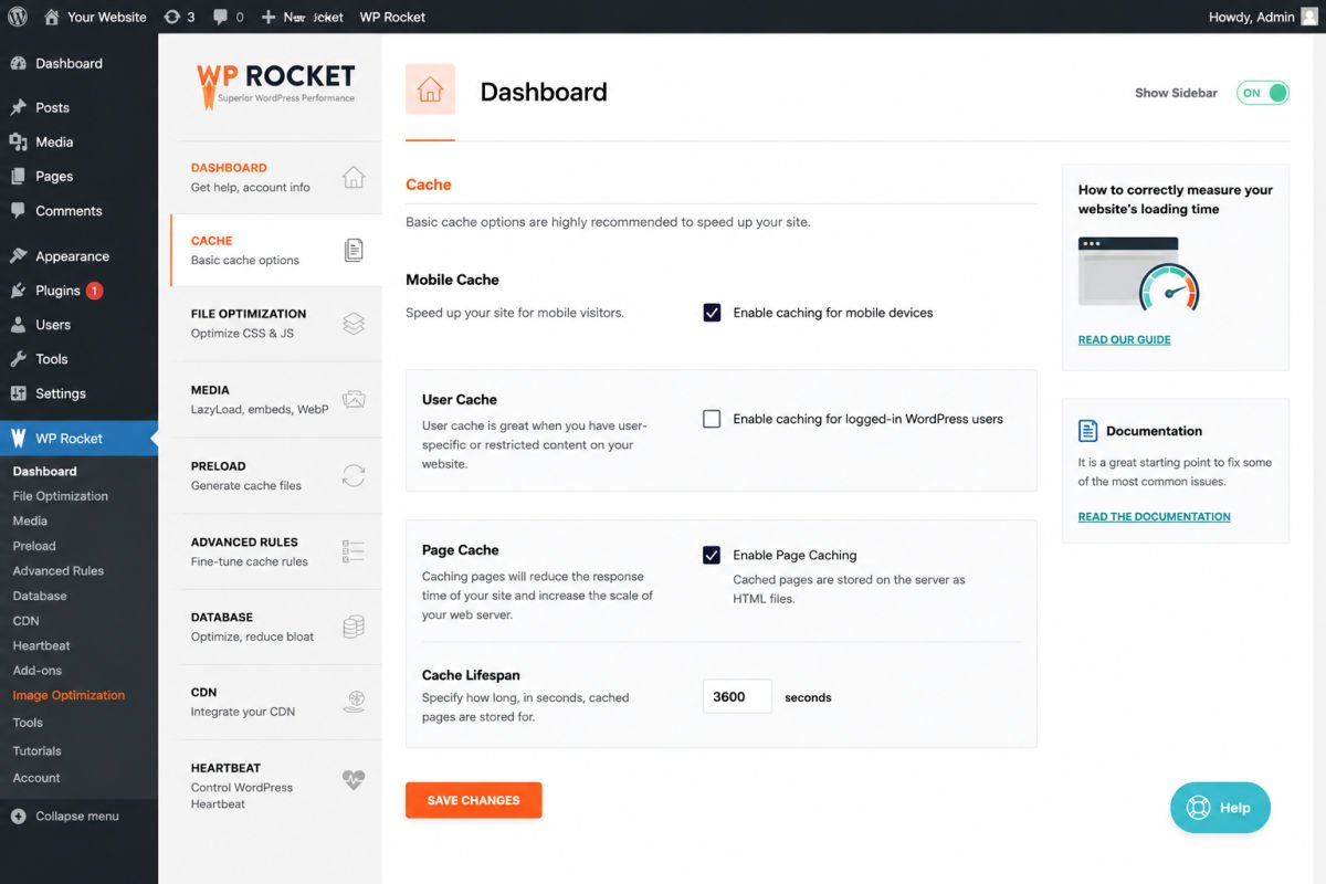 How to Speed Up a Slow WordPress Website (2026 Guide) 3 WP Rocket plugin settings dashboard
