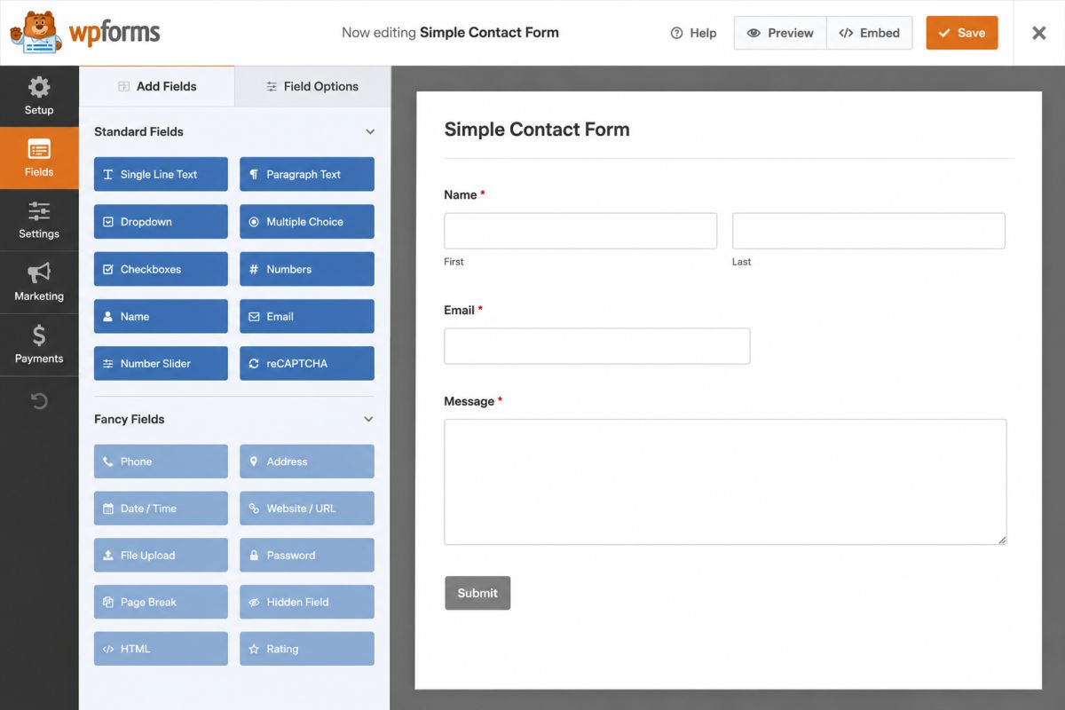 WPForms contact form builder interface