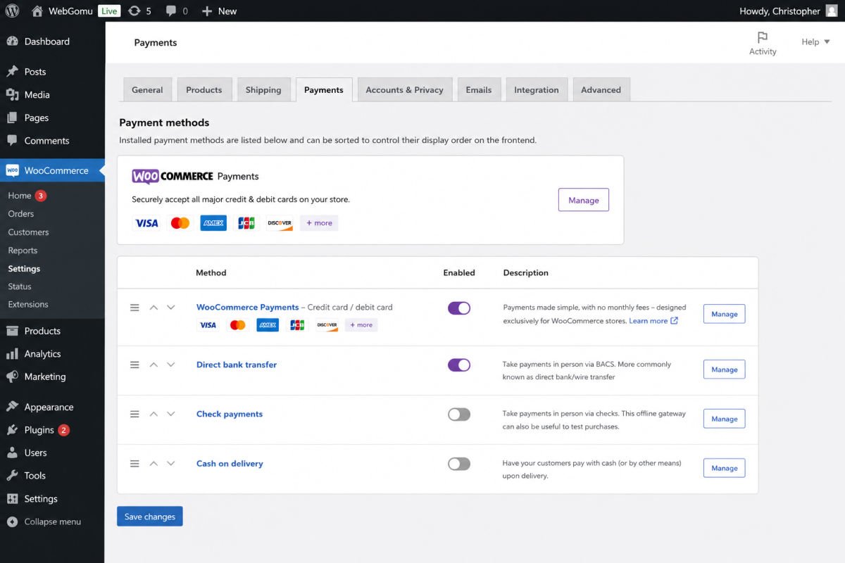 How to Start an Online Store with WooCommerce (2026 Guide) 4 WooCommerce payment settings dashboard