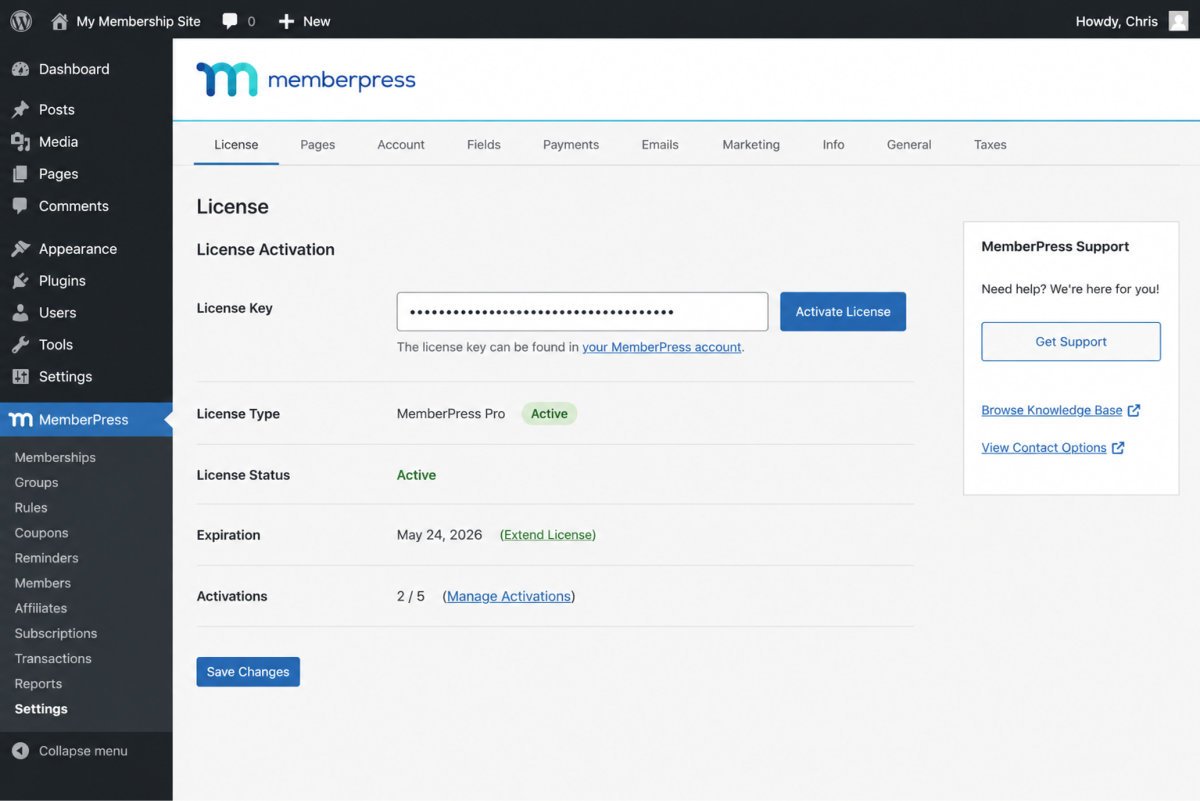 WordPress MemberPress License Dashboard