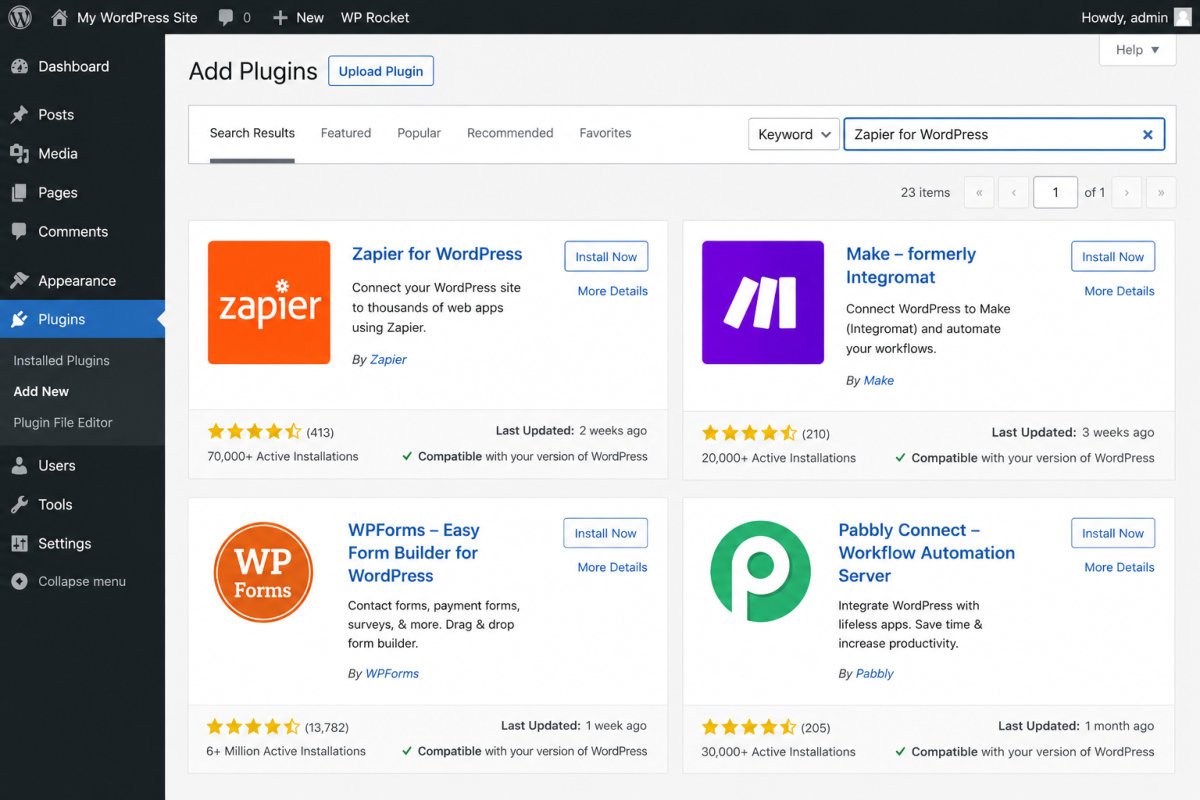 Connecting WordPress to Zapier/Make: A Beginner's Guide (2026) 2 WordPress Plugin Search Dashboard
