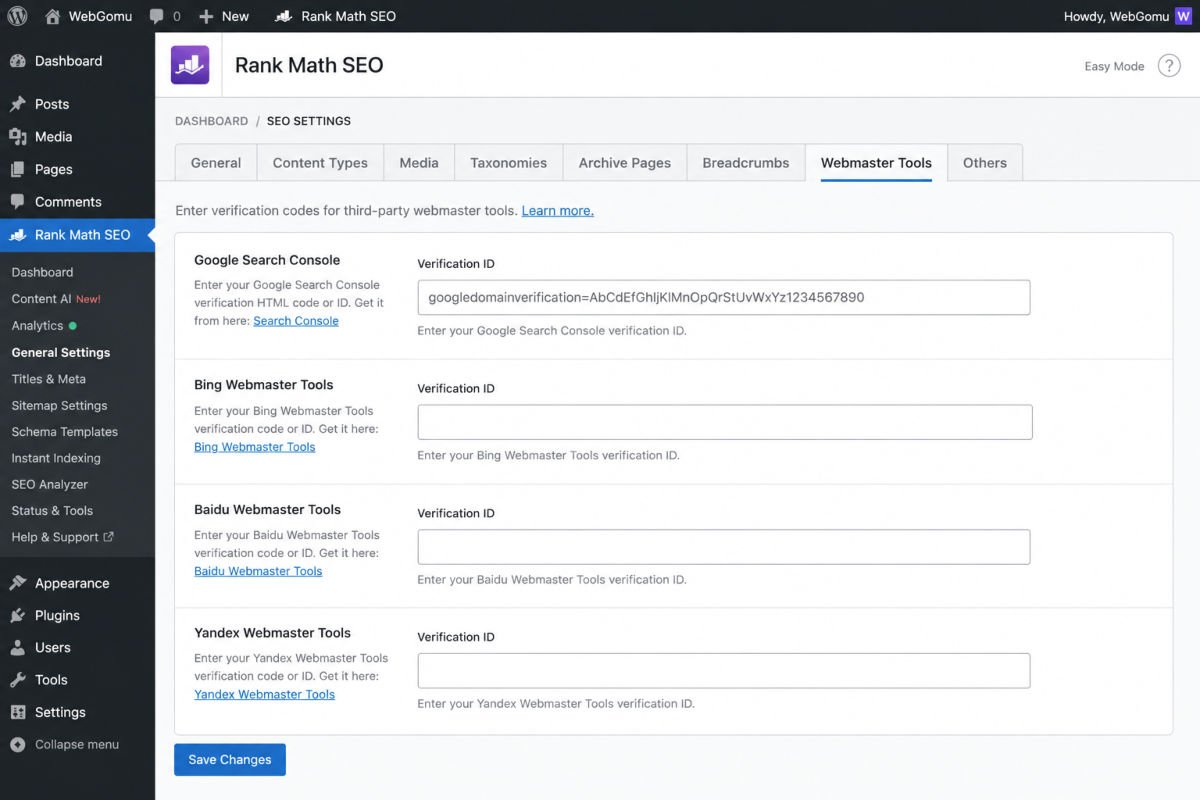 WordPress SEO settings dashboard screenshot