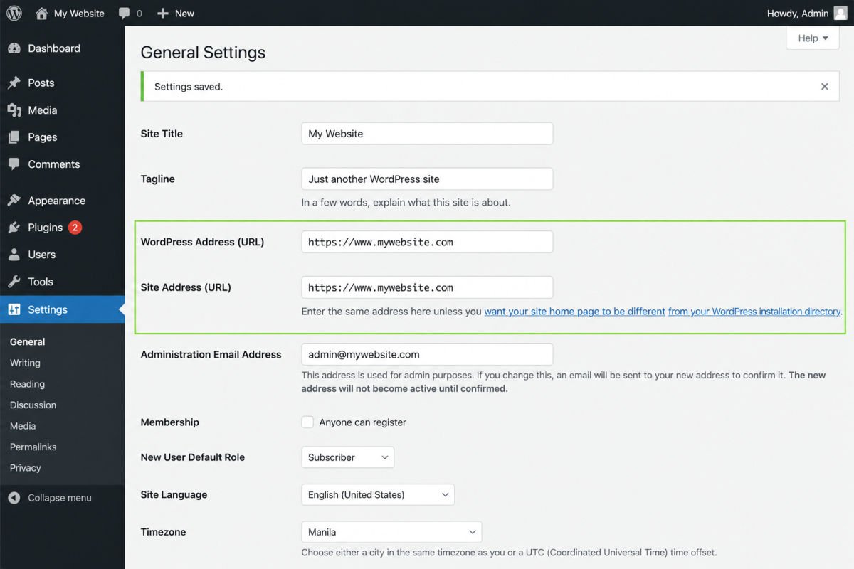 How to Install an SSL Certificate on WordPress (2026 Guide) 3 WordPress admin settings dashboard screenshot