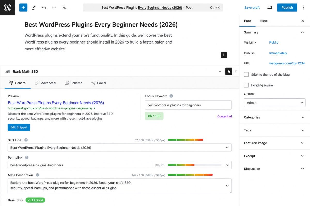 WordPress editor with SEO panel open