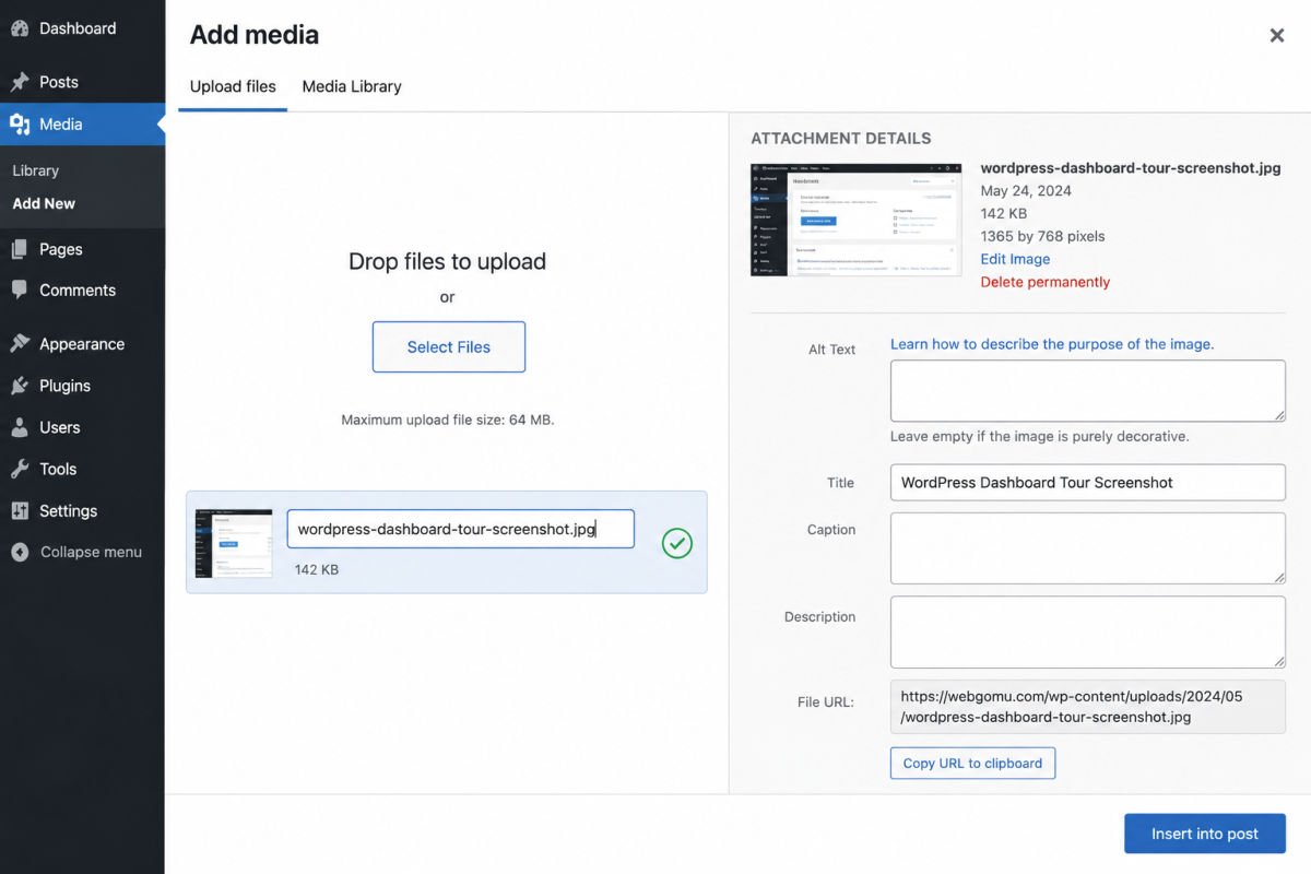 Image SEO: How to Rank in Google Images 2 WordPress media upload interface screenshot