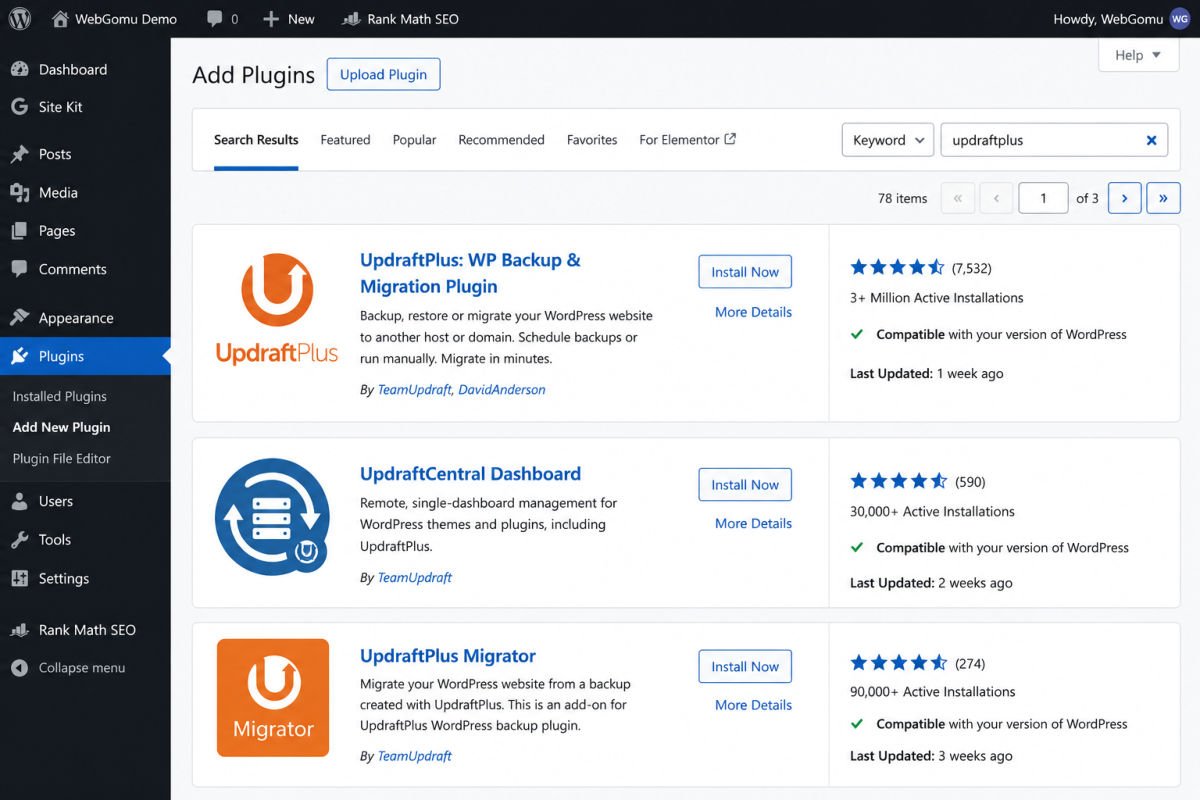 WordPress plugin management dashboard screenshot