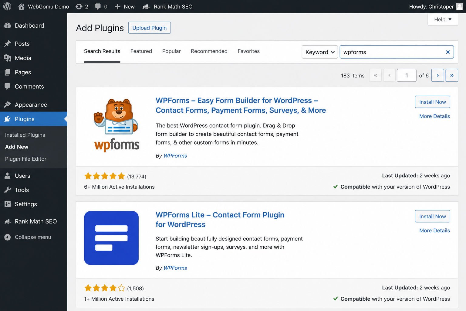 WordPress plugin search interface