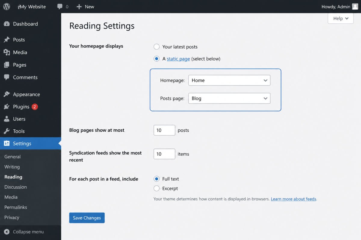 How to Add a Blog to Your WordPress Website (2026 Guide) 2 WordPress reading settings page screenshot
