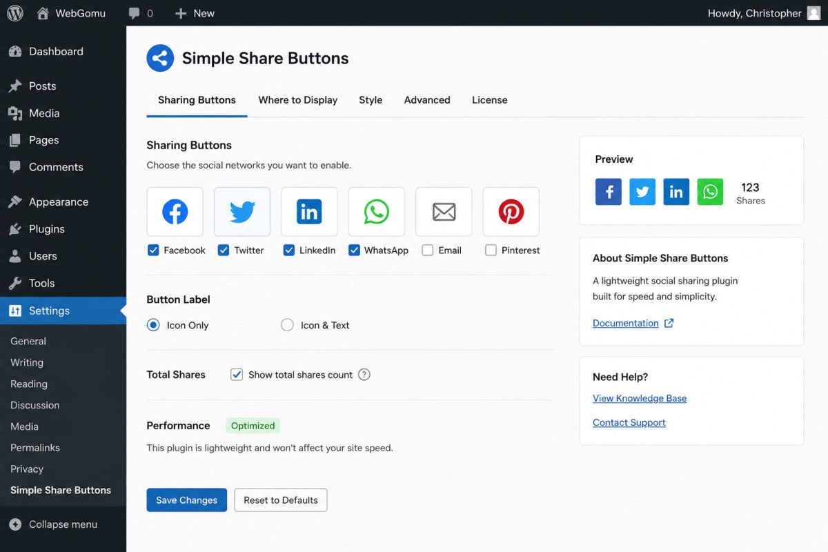How to Add Social Sharing Buttons to WordPress Without Slowing It Down 2 WordPress settings page for plugins