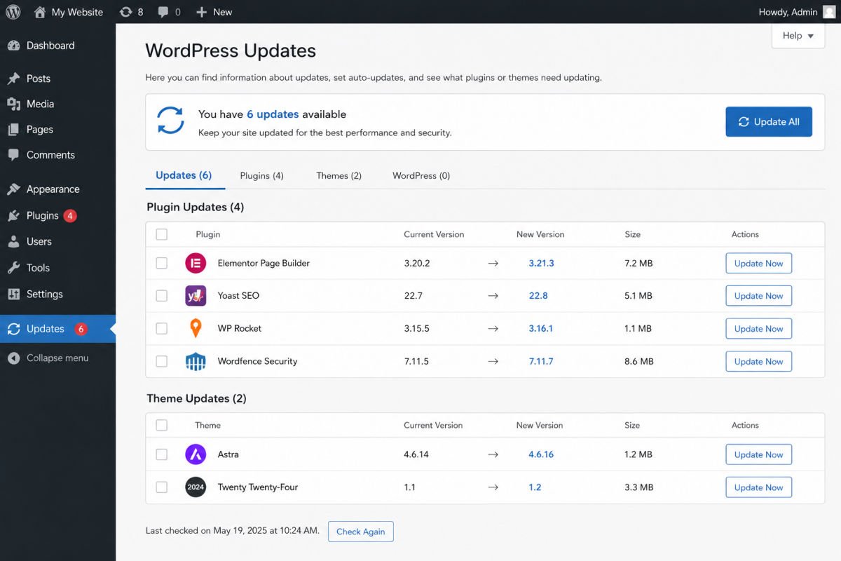 WordPress Security Basics: How to Protect Your Site 2 WordPress updates page overview