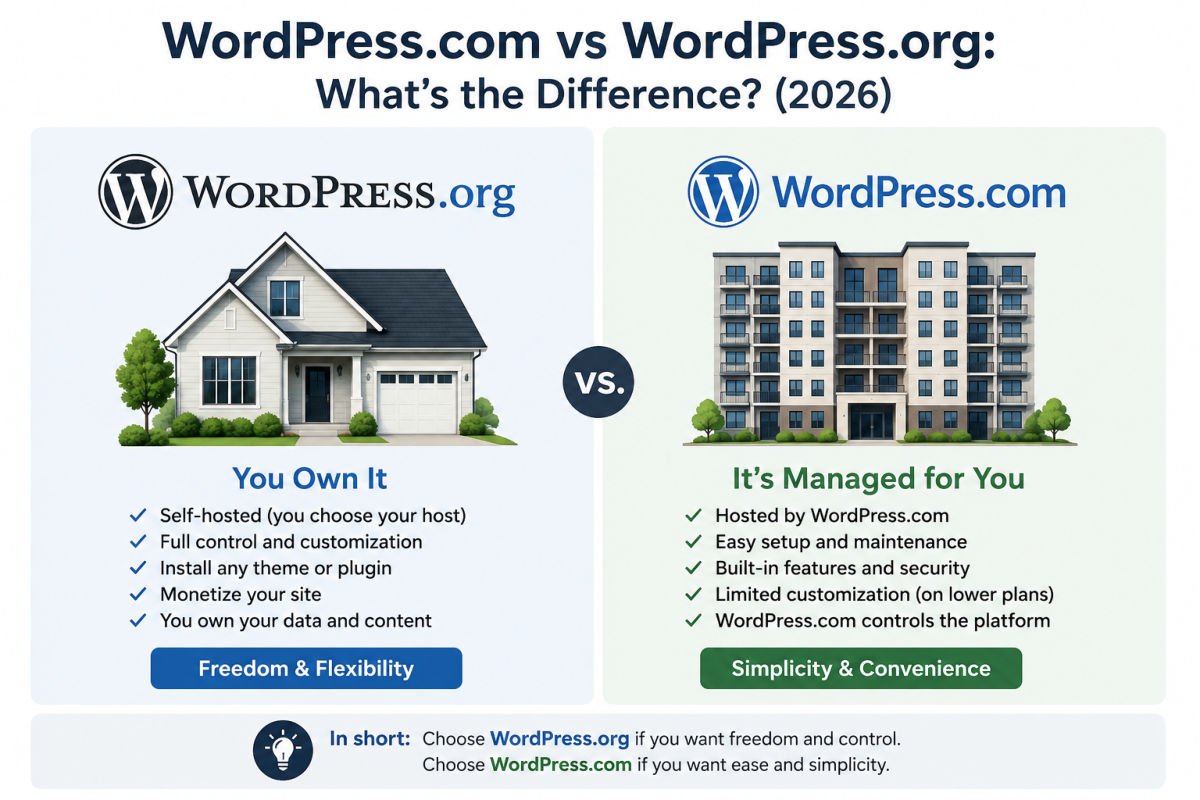 The Ultimate Beginner’s Guide to WordPress (2026): Build Your First Website Without Coding 2 WordPress.org vs WordPress.com comparison