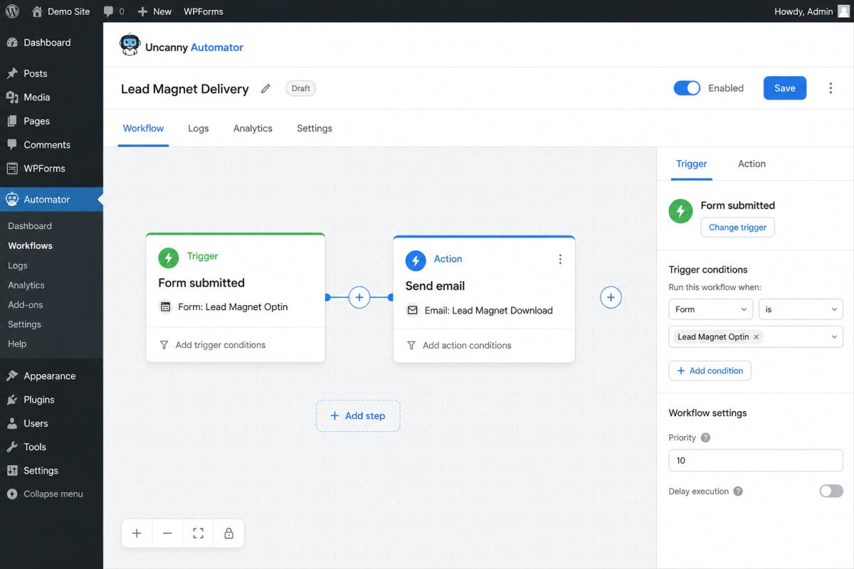 WordPress Automation 101: Tools and Use Cases (2026) 2 Workflow Builder Dashboard UI