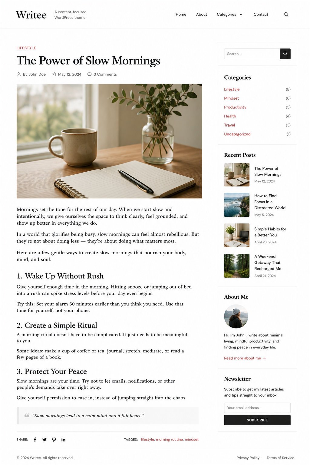 Writee The power of slow mornings blog design