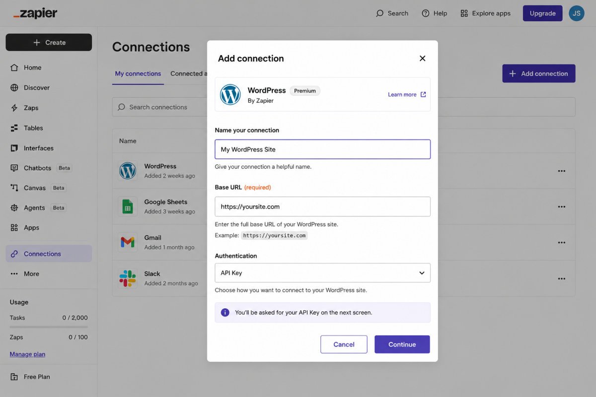 Connecting WordPress to Zapier/Make: A Beginner's Guide (2026) 3 Zapier WordPress Connection Modal