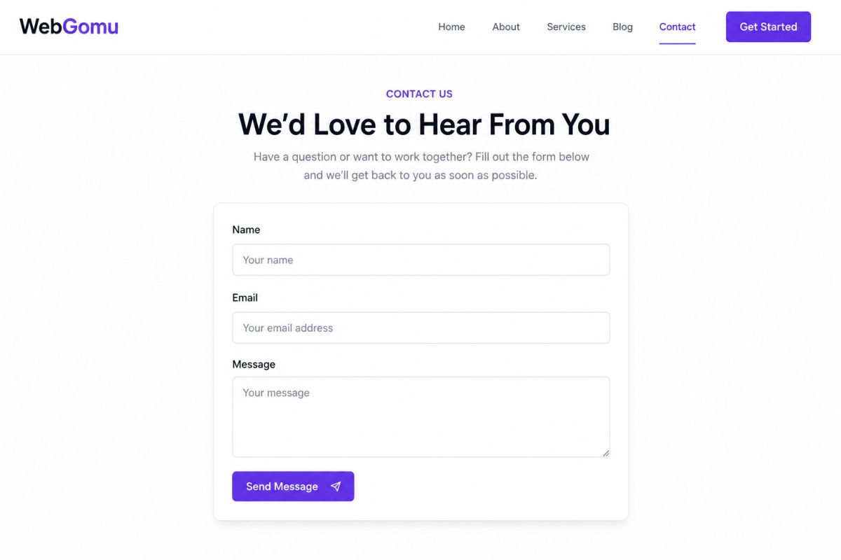 Essential Pages Every New Website Needs (Home, About, Contact) 3 clean contact form with Name Email and Message fields