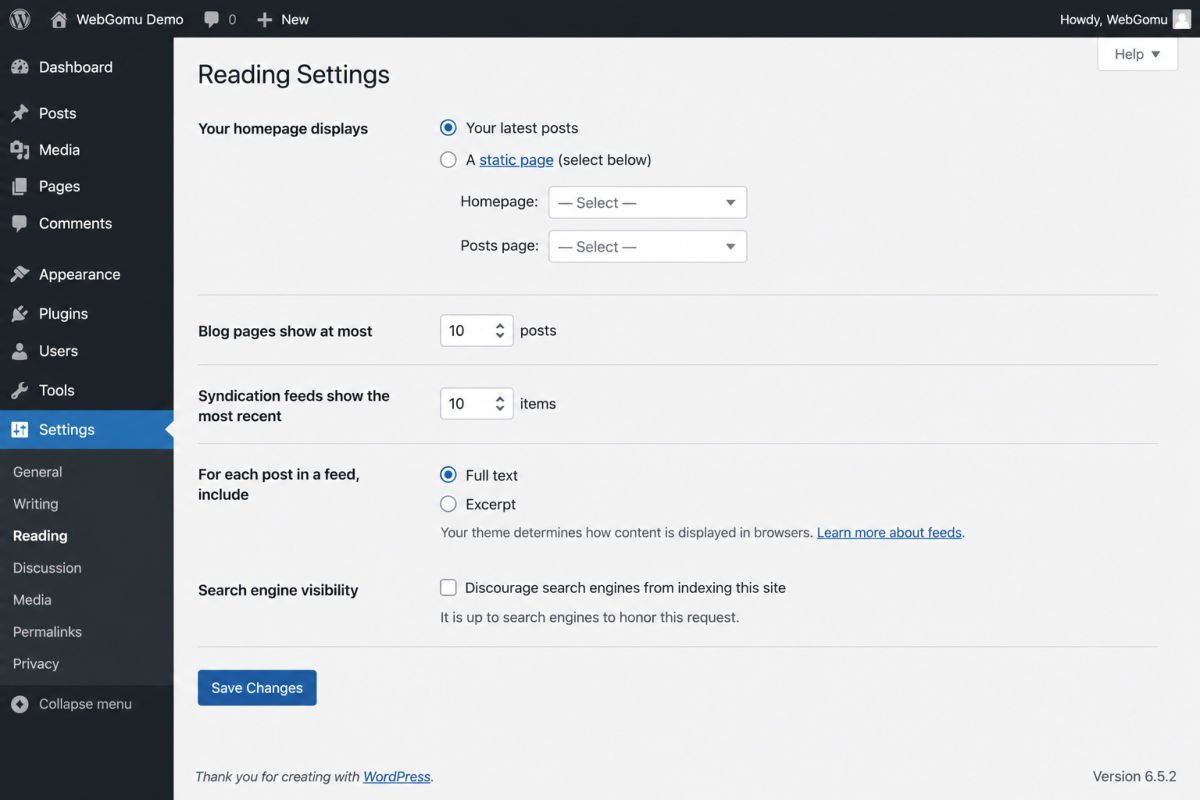 WordPress Dashboard Tour: A Beginner's Guide 6 wordpress showing the homepage display options
