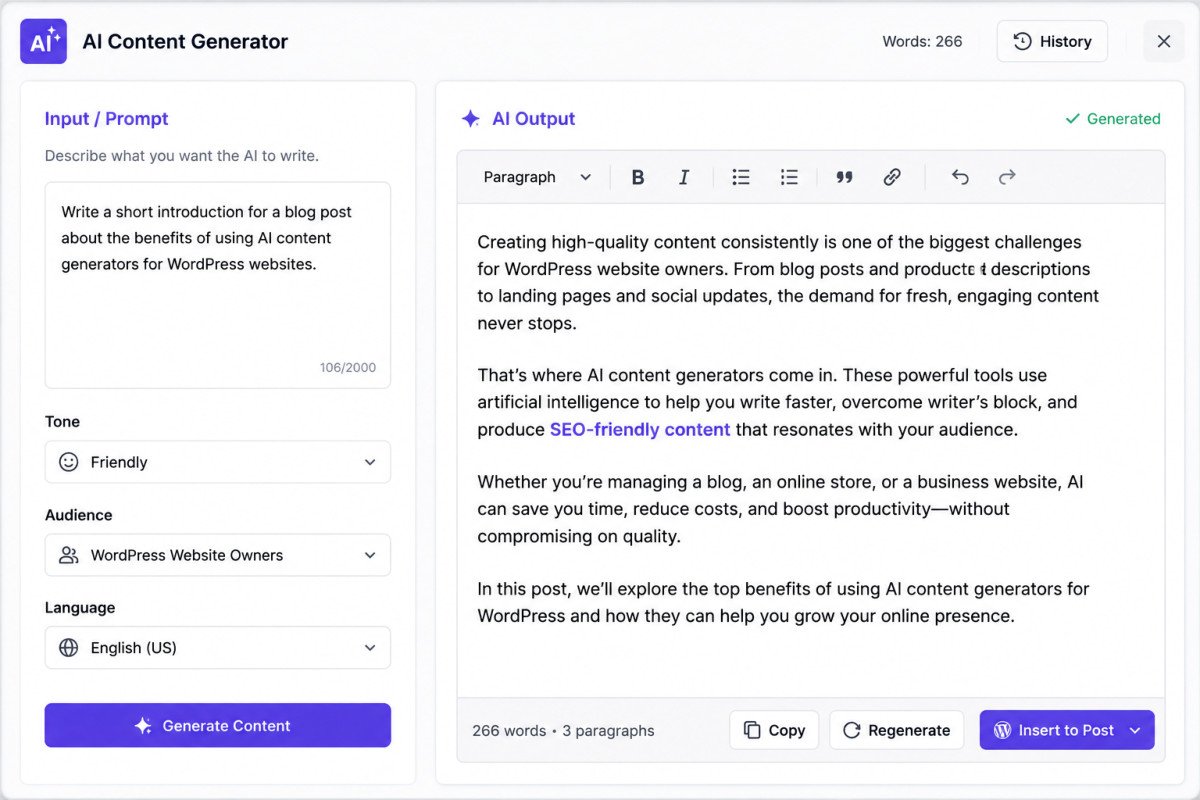Best AI Content Generators for WordPress: A Comparative Review 2 AI Content Generator Dashboard