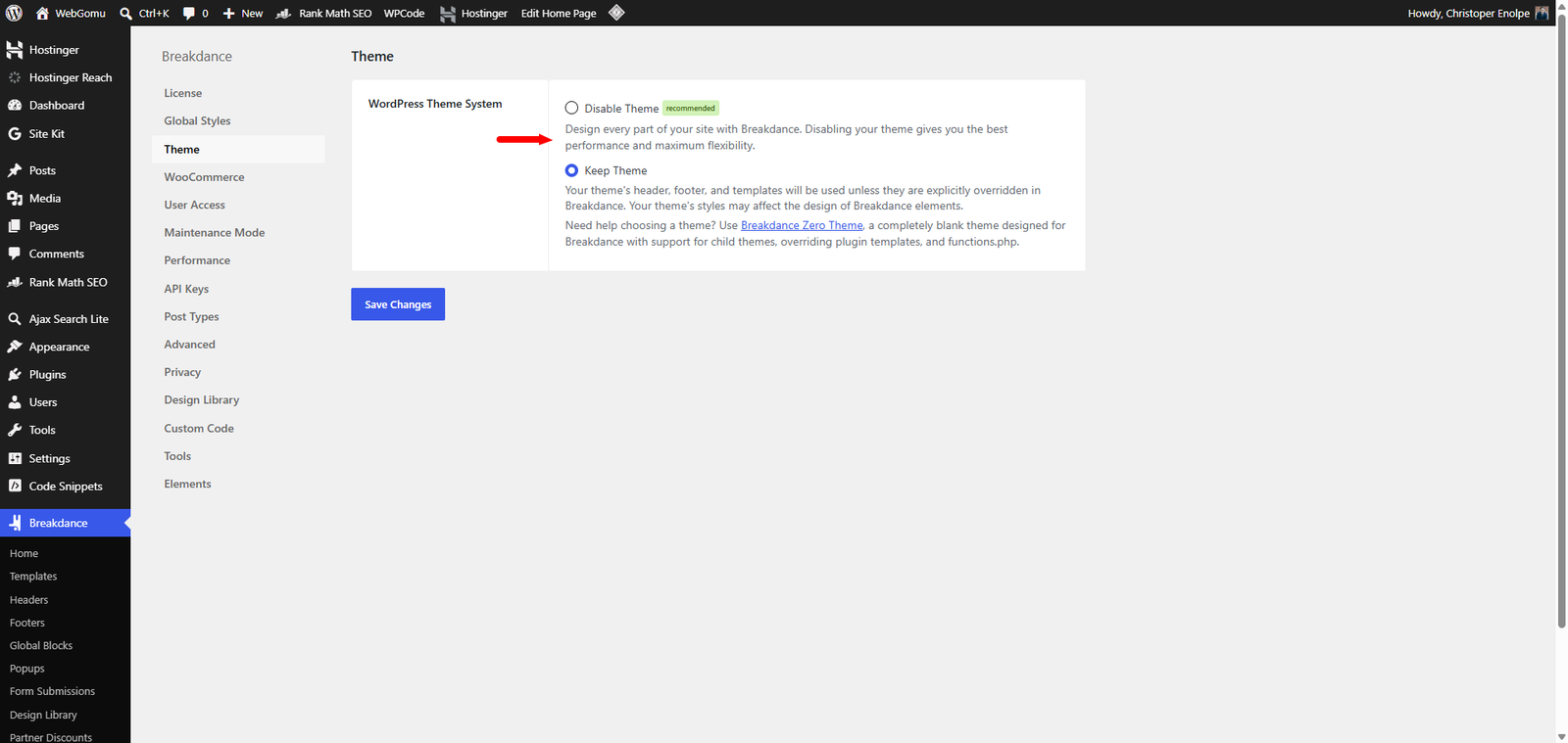 Breakdance Settings disable theme